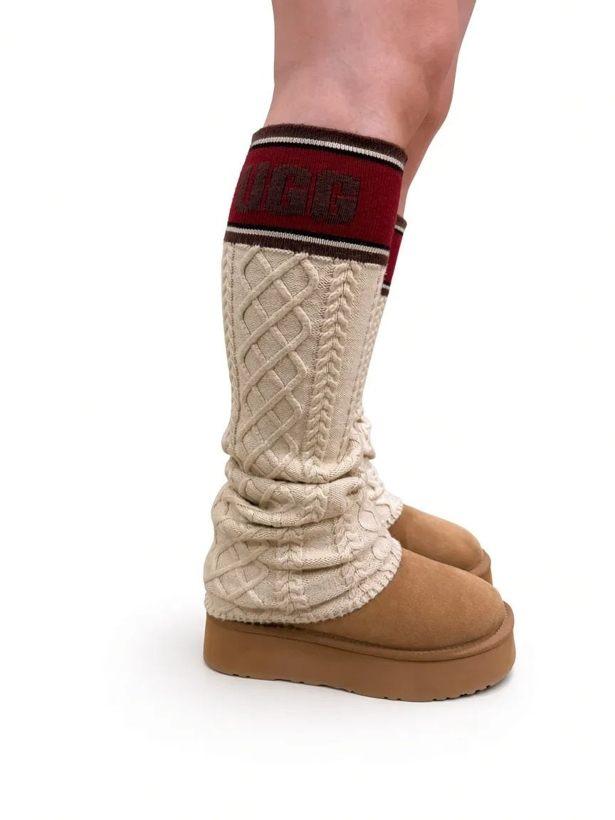 UGG knit socks worn over a platform boot, side view