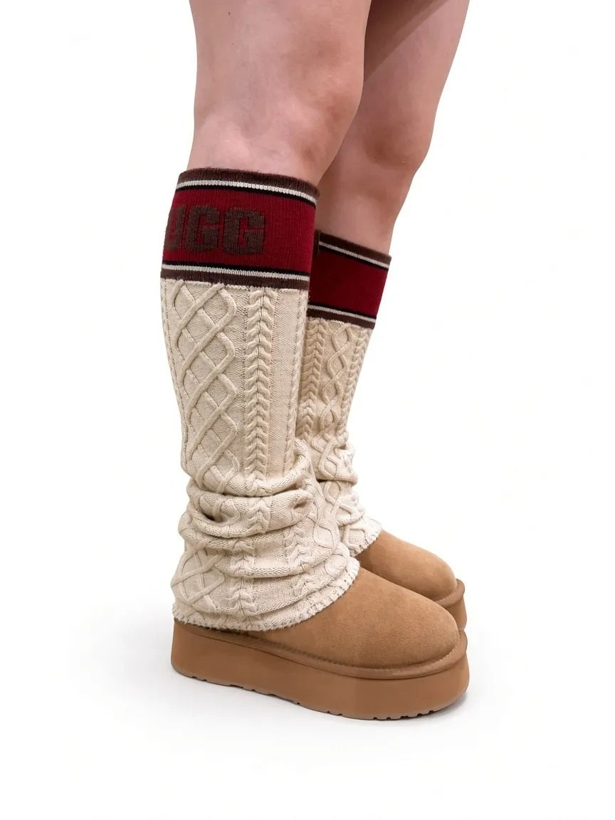 Pair of UGG knit socks worn over platform boots